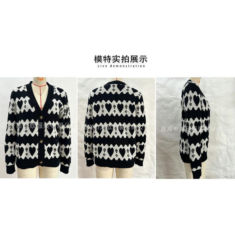 Women S V Neck Long Sleeve Knit Cardigan With Heart Pattern