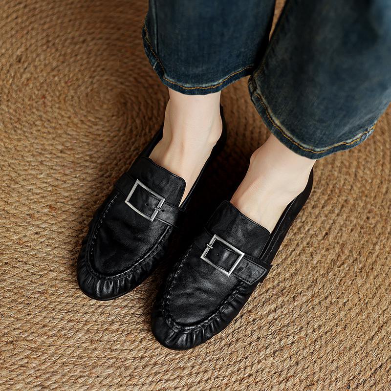 Krazing Pot Cow Skin Spring Summer Size 40 Loafers Thick Low Heels Pleated Decoration Women Round Toe Leisure Pumps