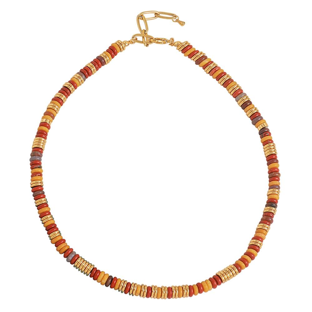 GEMCHIC Women s Bohemian Red Agate Beaded Necklace, Colorful Handmade Geometric Titanium Steel Choker