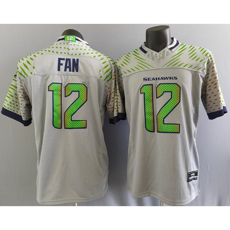 Seattle Seahawks 12 Fan Jersey Mens Short Sleeve NFL Style Rugby Shirt Gray 3rd Gen