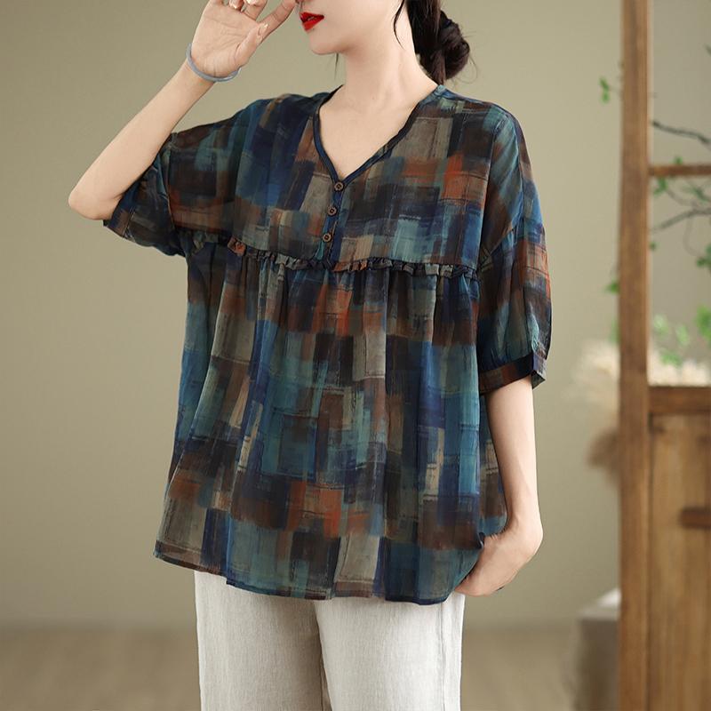 

Dimanaf 2025 Лето Плюс Размер Женская Винтажная Футболка Базовая Новая Мода V-образный Вырез Печати Топы Футболки Повседневный Свободный Макси XL синий