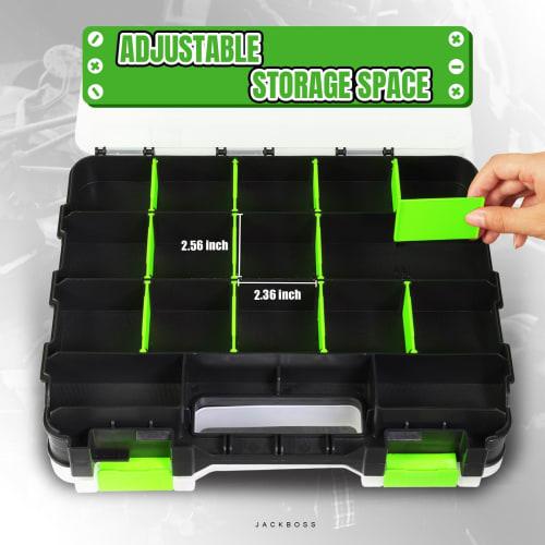 JACK BOSS Parts Case, Double-Sided Organizer, Small Item Storage Case, Green, 1 Pack, 330mm Wide X 285mm Deep X 100mm High, TJB322-G