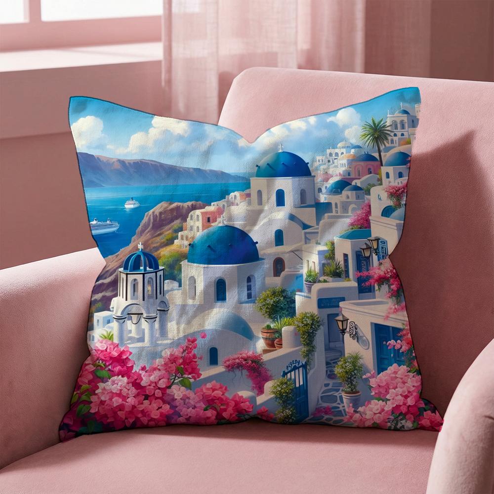 Santorini Landscape Cushion Cover Multi-Scene Pillow Cover for Home & Car - Reversible, Soft & Durable for Daily Use
