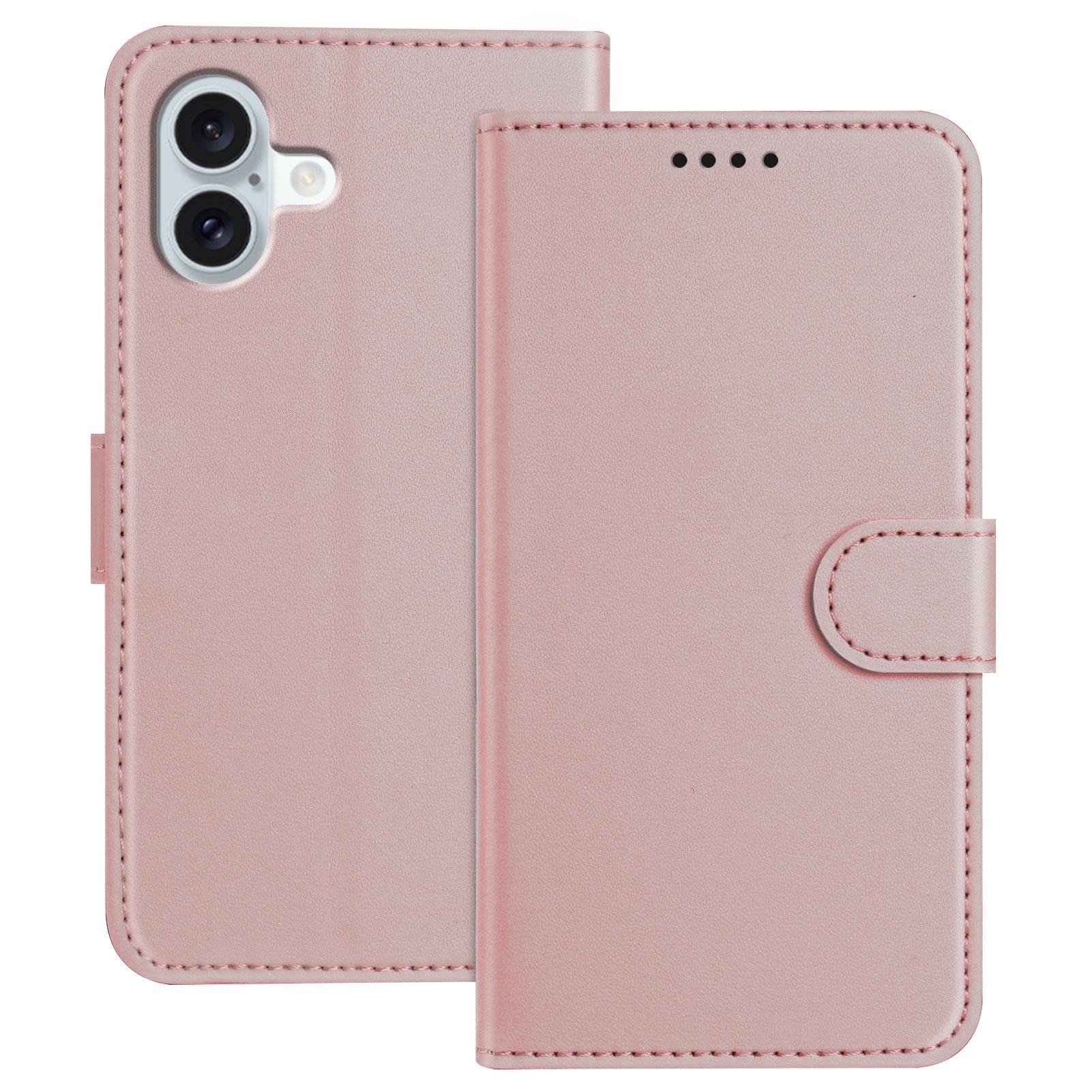

For iPhone 16 Plus Leather Case Wallet Stand Solid Color Anti Drop Phone Cover Rose Gold