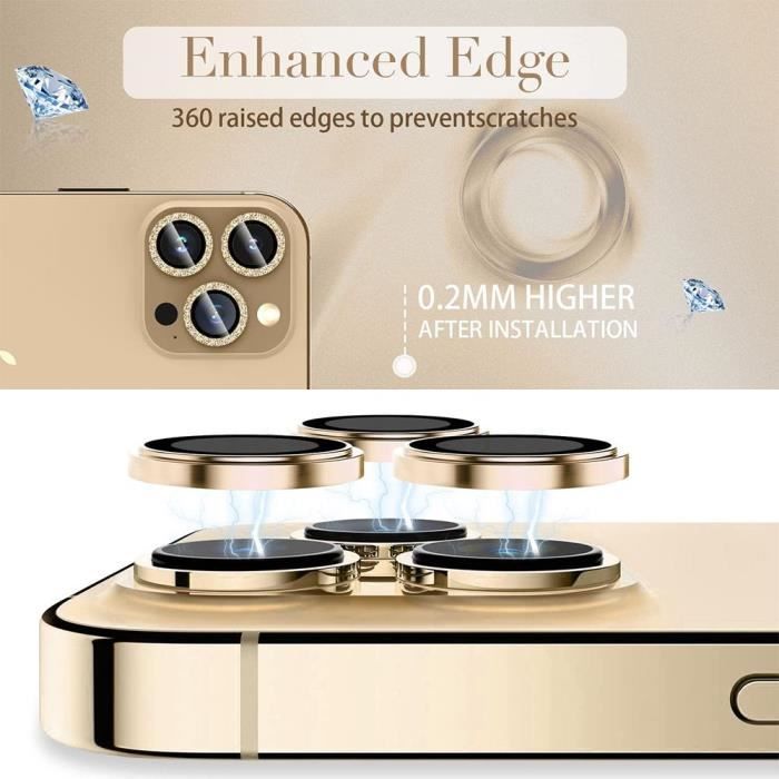 Ochrana fotoaparátu z tvrzeného skla pro iPhone 13 Pro a iPhone 13 Pro Max - Tvrdé 9H Lesklý zlatý okraj