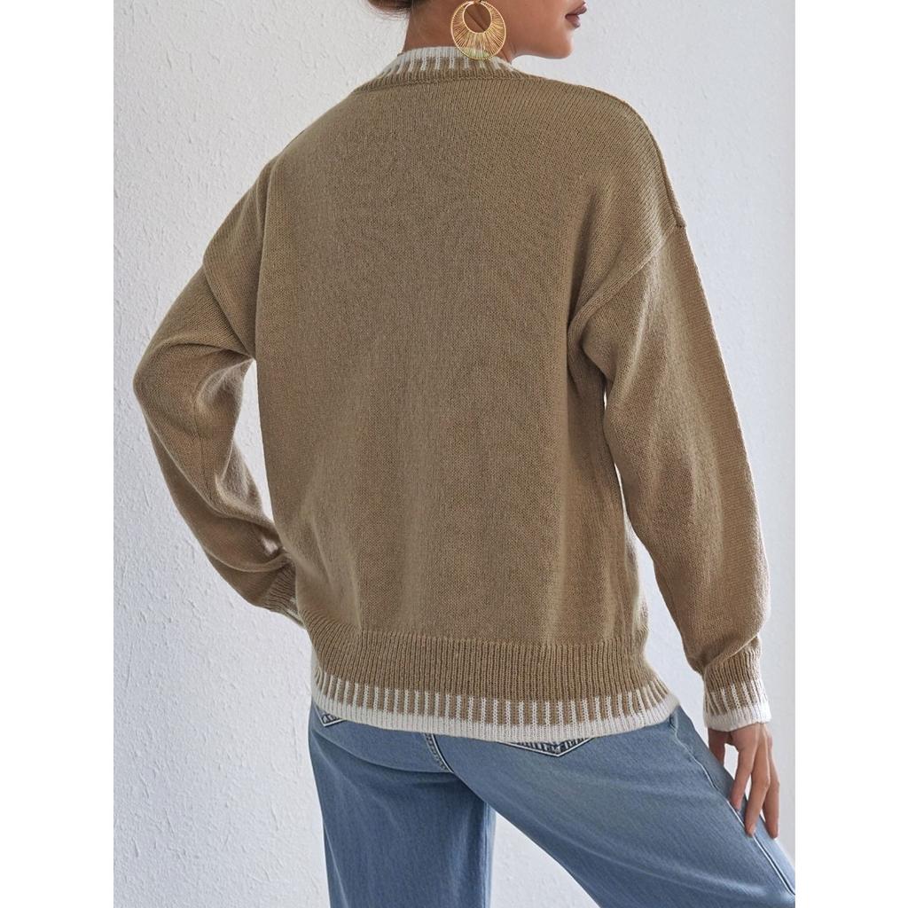 Fall Winter New Women Loose Color Block Patchwork Casual Pullover Sweater, European & American Style Ladies Top