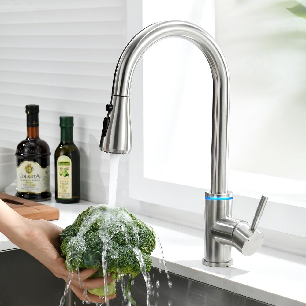Brushed Nickel Kitchen Faucet Single Hole LED Style Pull Out Spout Kitchen Sink Stream Sprayer Head Black Mixer Tap LED 866006