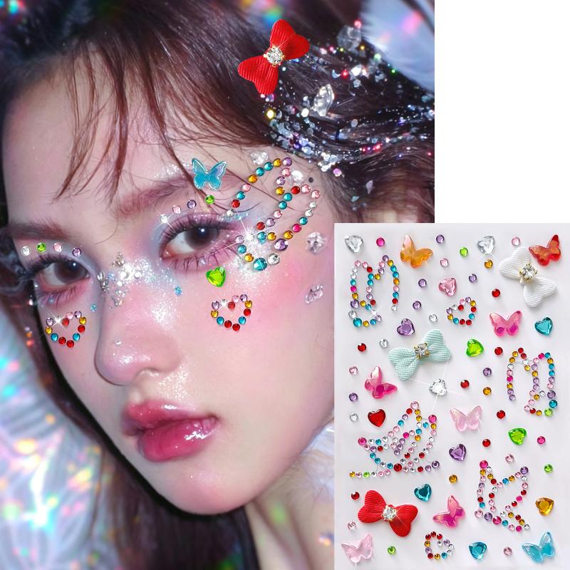 1Pcs Self-Adhesive Face Gems Stickers Rainbow Butterfly Bowknot Rhinestone for Clubbing Night Out Makeup
