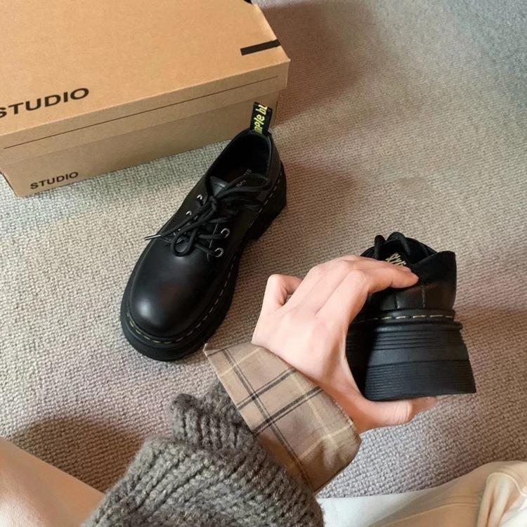 [Armano] Britische Schnür-Plateau-Derbyschuhe mit dickem Absatz, runde Spitze, kleine Lederschuhe, Damen Herbst-Neumodelle