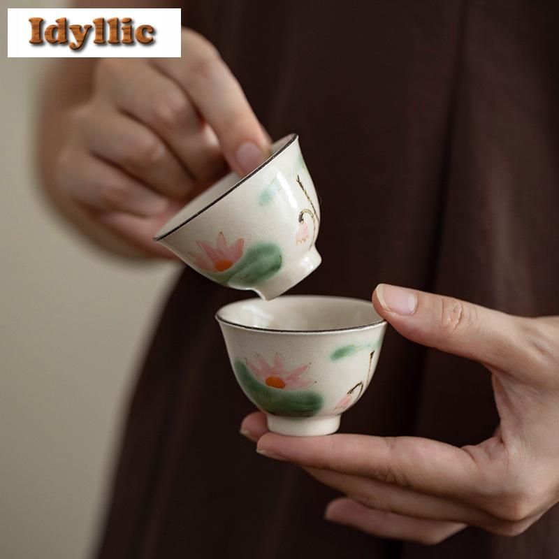 50ml Powder Yin Hand-painted Lotus Teacup Traditional Tea Bowl Jug Tea-tasting Smelling Cup Jianzhan Master Cups Teaware Craft
