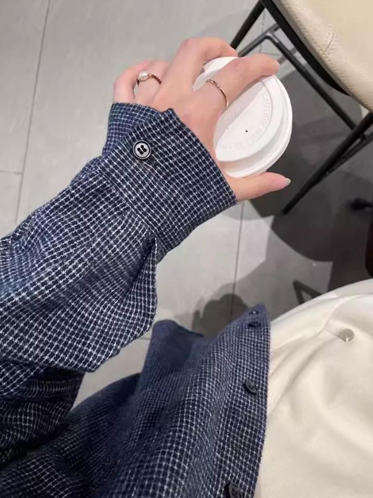 Women's Korean Blue Plaid Brushed Shirt - Loose Fit for Spring, Autumn, and Winter