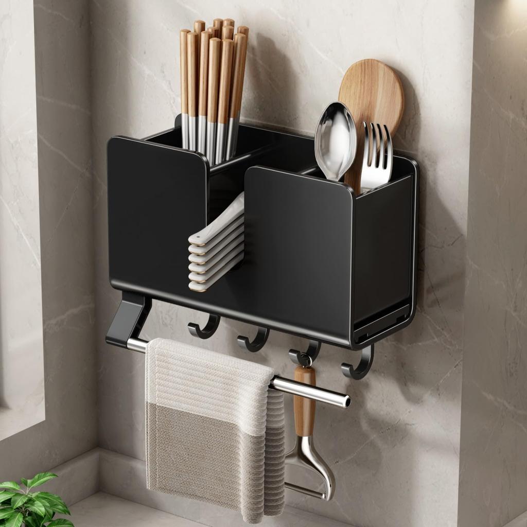 Black Chopstick Chopstick Kitchen Chopstick Storage Stainless Steel Cutlery Cutlery Stand with Movable Dish Dish Holder Holder, Drainer, Wall-Mounted