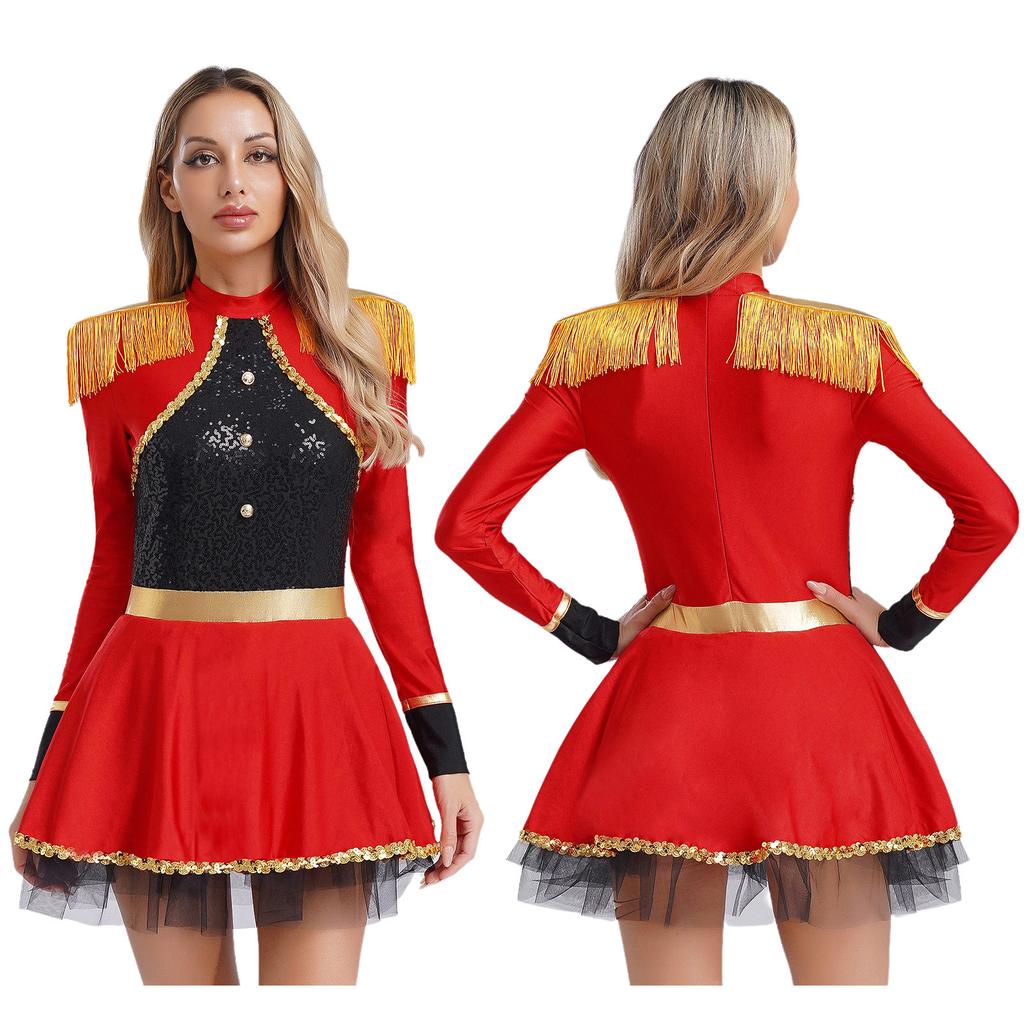 S-XXL Damski Kostium Cyrkowca Body Sukienka Długie Rękawy Frędzle Naszywki na Ramionach Błyszczące Płatki Kostium Cyrkowy Kostium na Halloween