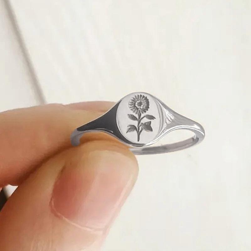 Simple Floral Niche Design Ring, Seal Sunflower Pattern Ring, Small Fresh Male And Female Index Finger Ring