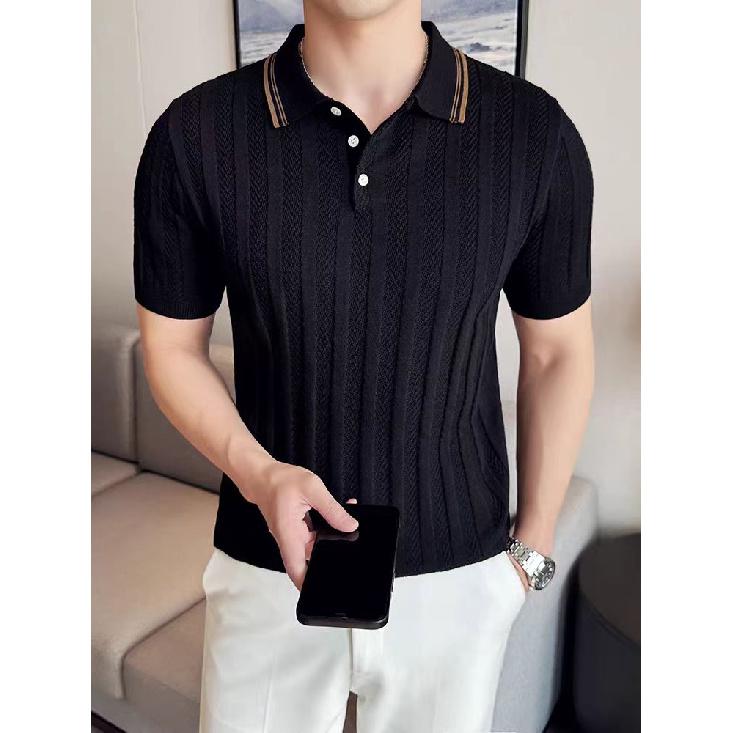 American Style Half-Zip Mercerized Cotton Ice Silk Polo Shirt Men High-End Striped Slim Fit Short Sleeve Sweatshirt Turn-Down Collar Workwear T-Shirt