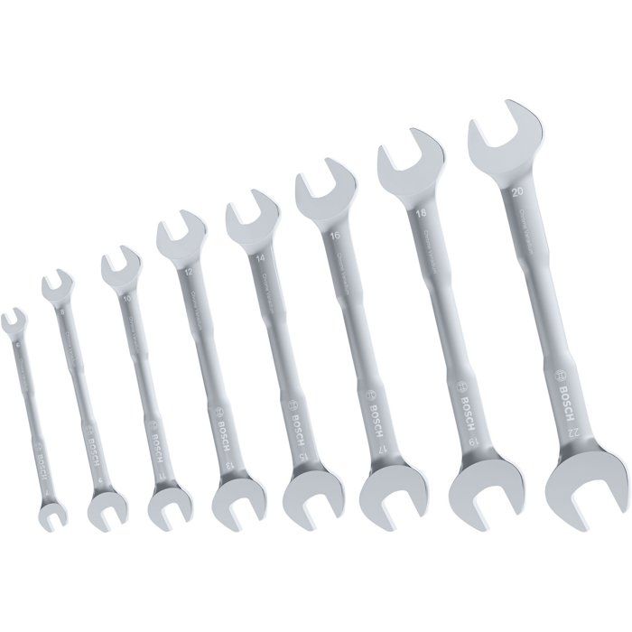 Jeu de 8 clés plates doubles BOSCH 6 à 22 mm - Coffret de rangement - 2 ouvertures par clé, couple +20 % vs ISO