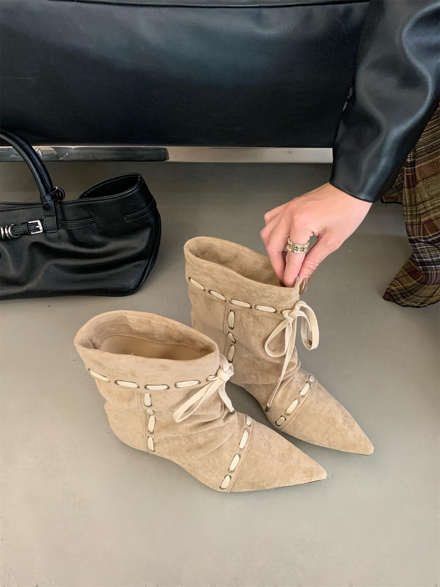 

Inner heightening suede pointed short boots women s shoes 2025 new spring and autumn single boots lace-up with skirt western cowboy boots 39