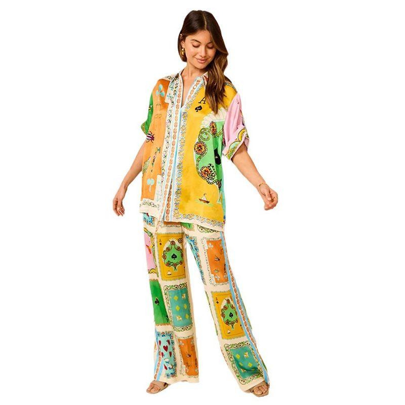 

Summer 2024 European and American Women s Clothing Shirt Pants Loose Printing Suit Casual Vacation Suit Yellow S