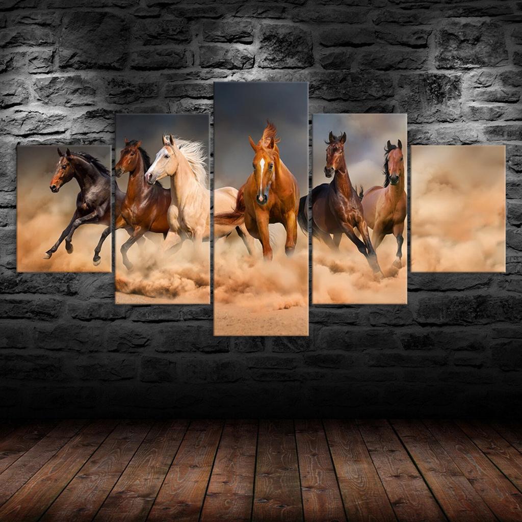 Horses Galloping Running Scene 5 Piece Five Panel Wall Canvas Print Modern Art Poster Picture Home Decor Gift For Him For Her