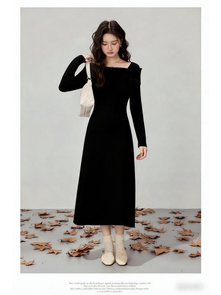 Korean Style Autumn Winter Knit Cinched Waist Slimming Long Dress for Ladies