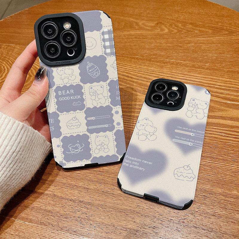 Vertical Grain Leather Cute Cartoon Bear Printed Soft Silicone Phone Case Back Cover with Camera Lens Full Protection for Samsung