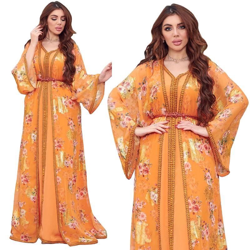 AB238 Women's Middle Eastern Two-Piece Chiffon Dress with Gold Stamping