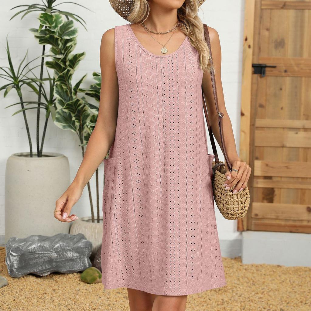 Damen Sommerkleid Locker Ärmellos Sonnenkleid Badeanzug Überwurf Strandurlaub Kleid mit Taschen