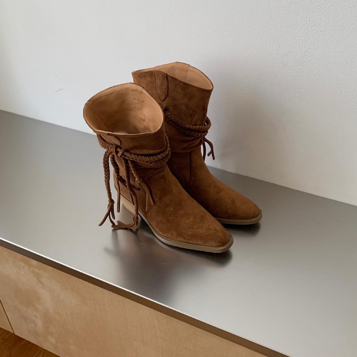 

2025 new suede low tube fringed thick heel thin women s Martin short boots fashion short boots 39 чёрный