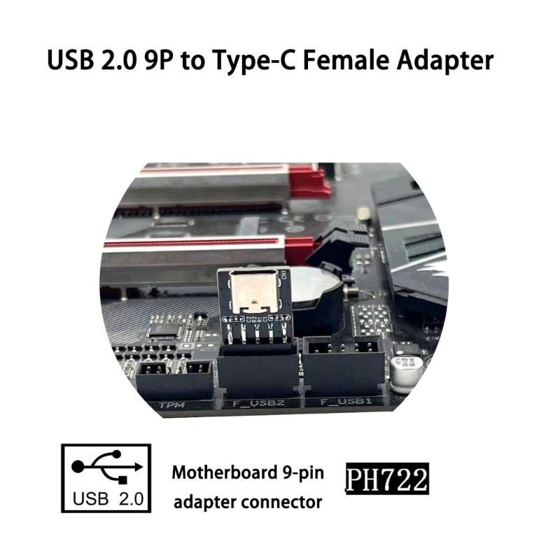 USB2.0 9 Pin to USB C Adapter Connector PC Internal Motherboard 9 Pin USB2.0 Converter for Desktop Computer