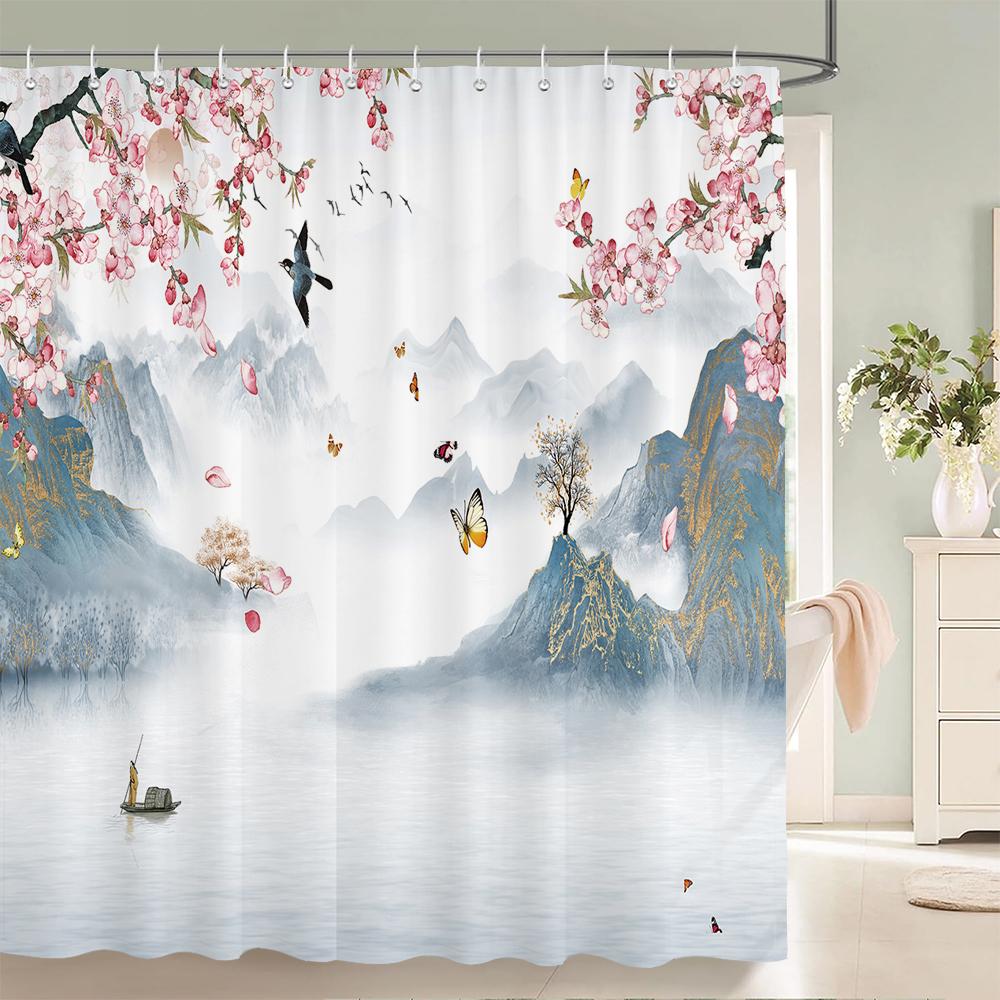 Flowers Birds Bath Curtain Waterproof Fabric Shower Curtains Floral Leaves Landscape Printing Bathroom Screen Home Decoration