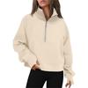Women's Stand Collar Plus Fleece Solid Color Hoodie Long Sleeve Pocket Loose Half Zip Pullover Hoodie Top