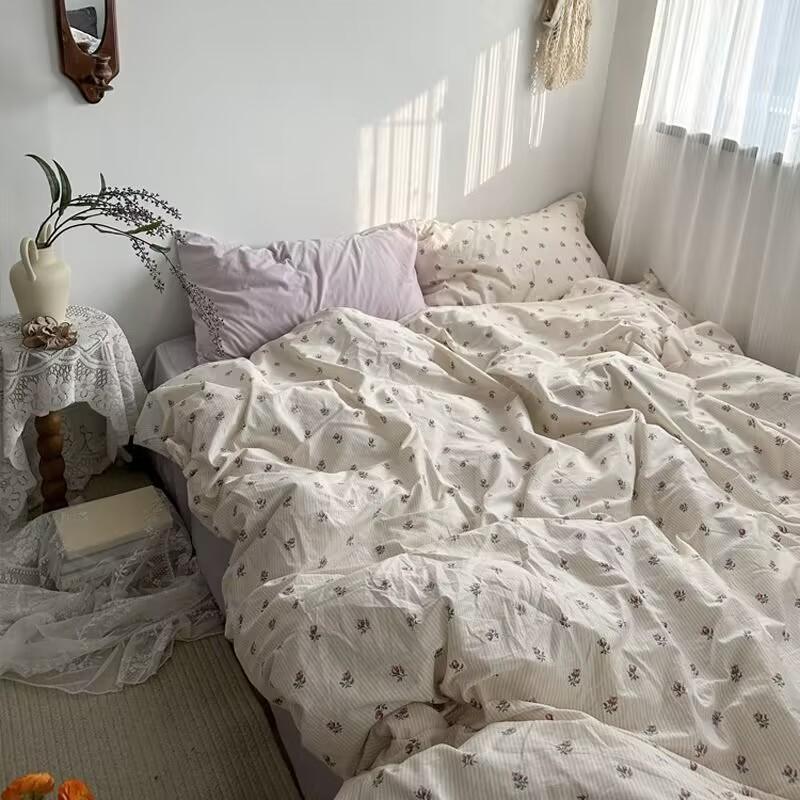 Ins Korean Pastoral Flower Bedding Set Purple Bed Flat Sheet Pillowcase Twin Full Queen Size Bed Linen Women Girls Duvet Cover