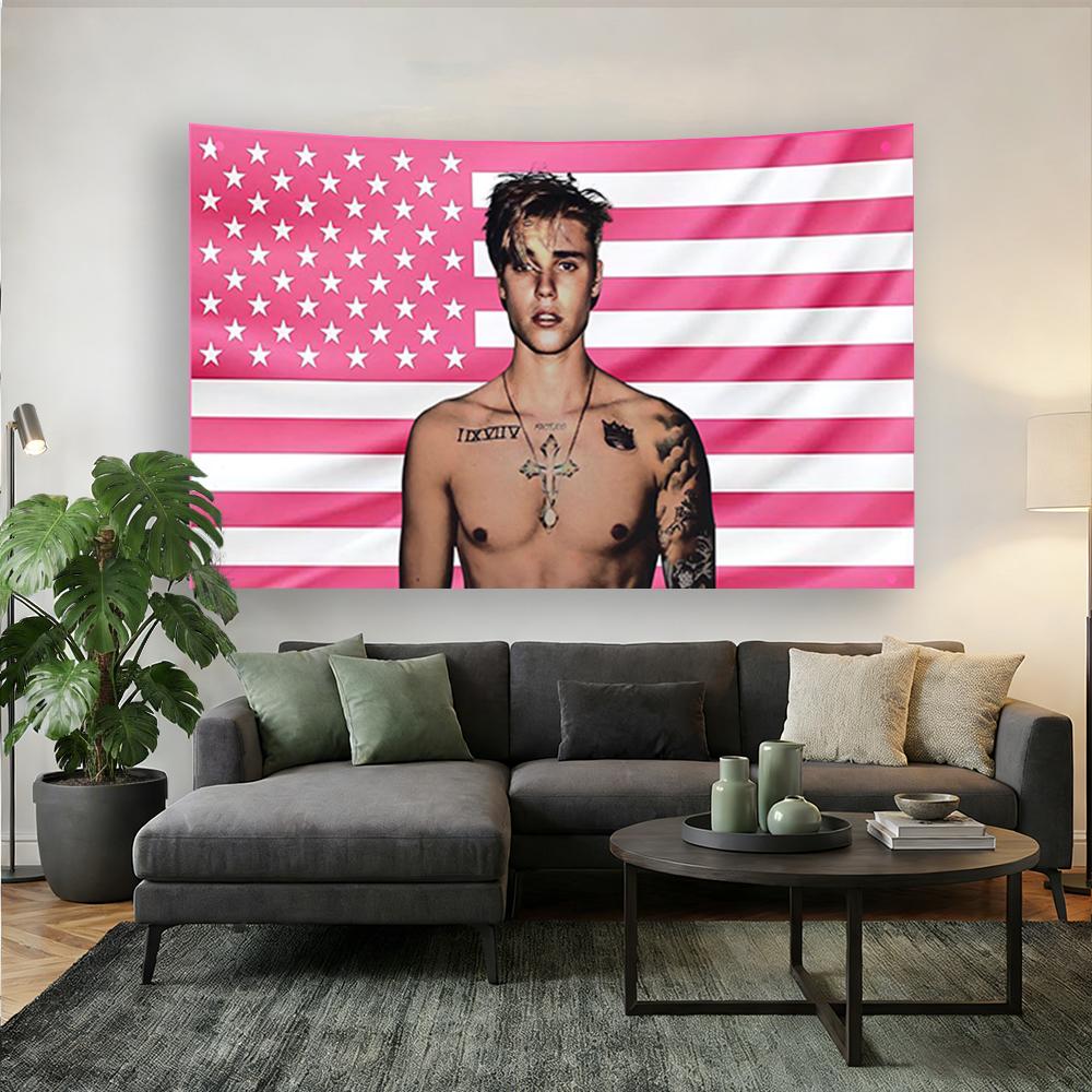 Джастин Бибер Розовый Флаг  Декор Стены Belieber  Эстетика Поп-Звезды Розовый Американский Флаг  Гобелен для Комнаты Певицы 74x94cm(29x37in)