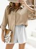 Women's Oversized Beige Button-Down Shirt with Rolled Sleeves - Lightweight Breezy Summer Beach Vacation Top