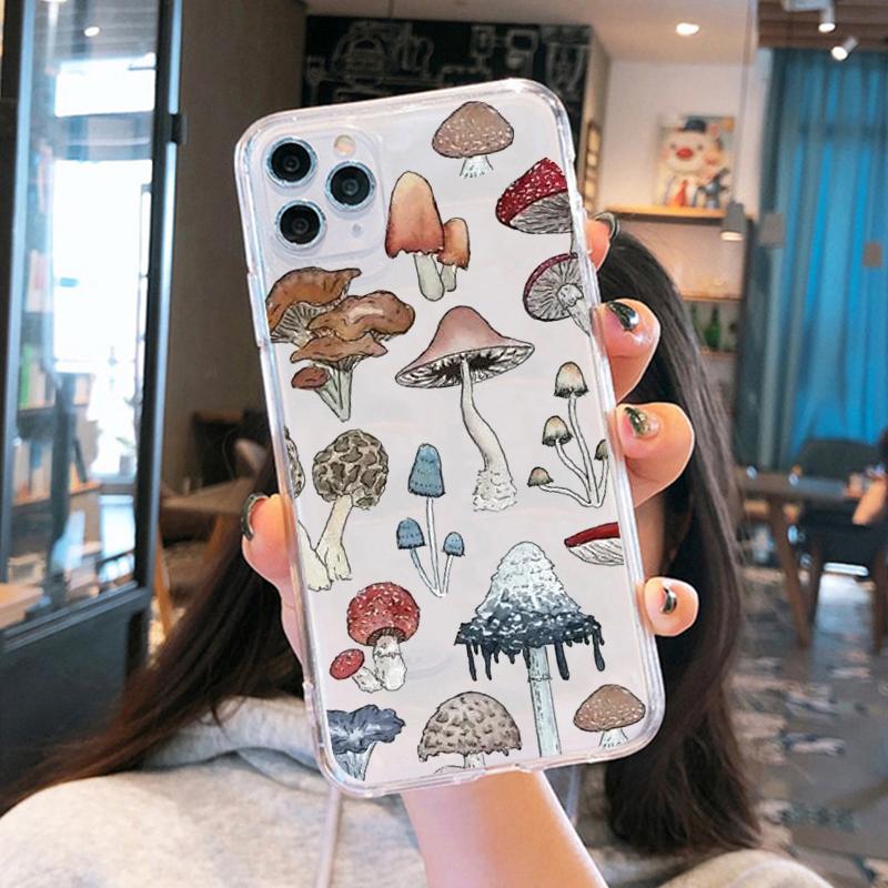 Clear Phone Case For iPhone 15 14 13 12 Pro MAX 11 XS XR 8 Plus Creative Minimalist Graffiti Line Mushroom Soft TPU Cover Coque