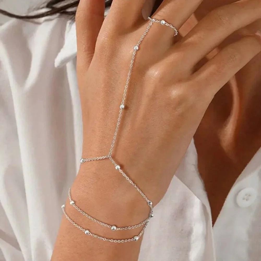 Gold/Silver Finger Bracelets Shiny Rhinestones Delicate Thin Chain Ring Bracelets Handmade Multilayer Vintage