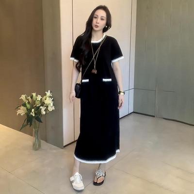 Plus Size French Round Neck Color Block Short Sleeve Dress - Elegant Summer Slimming Long Skirt for Women