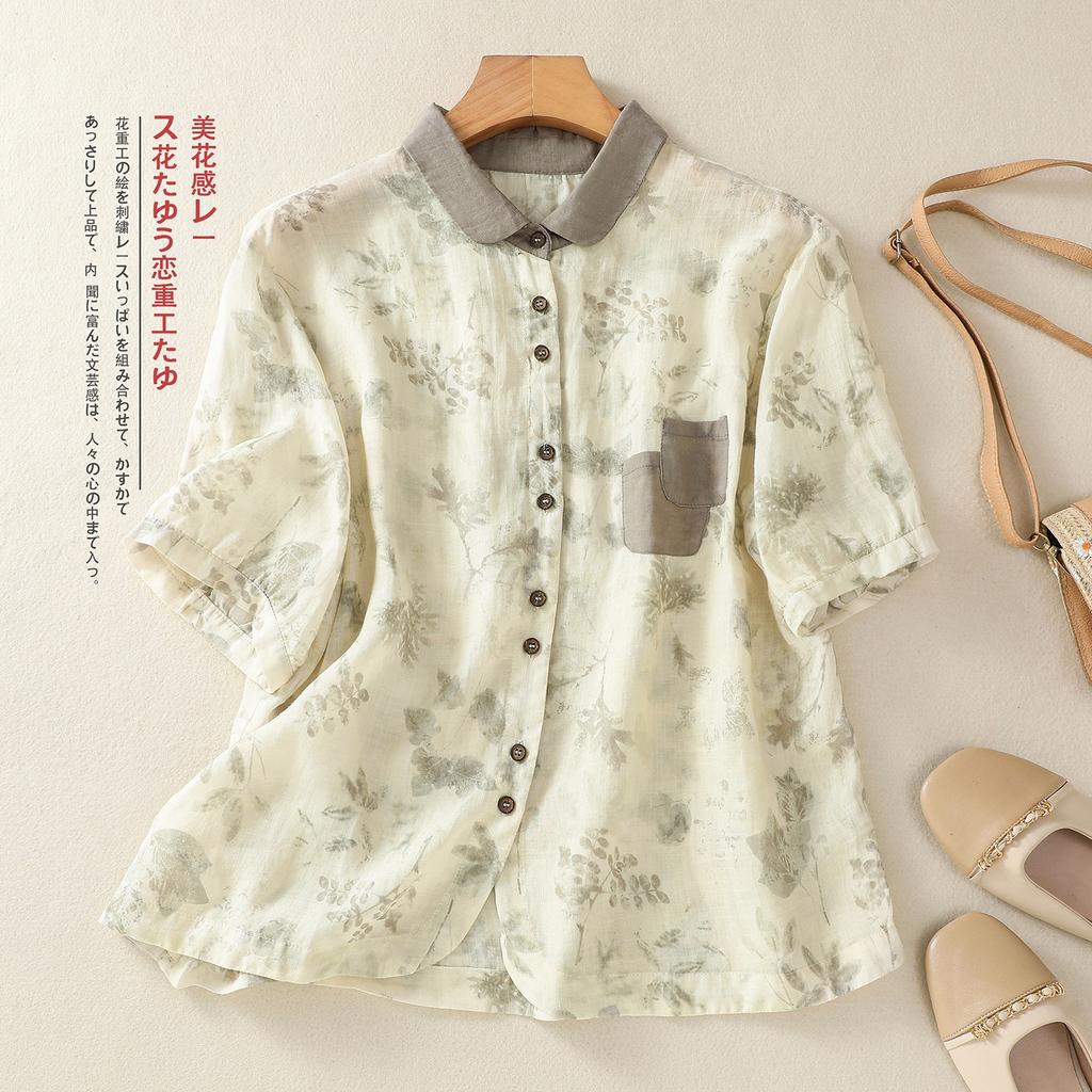 2025 Summer New Printed Cotton and Linen Shirt Women's Loose Polo Neck Patch Pocket Short Sleeve Cardigan Top