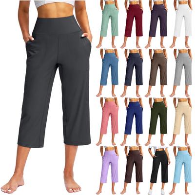 Women  Elastic High Waist 3/4 Pant Casual Active  Fit Wide Capris Leg Pants Trousers With Pockets