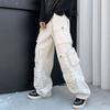 Men Cargo Pants Street Style Loose Multi Pockets American Retro Trousers Solid Color Straight Mid Waist Overalls for Daily Wear