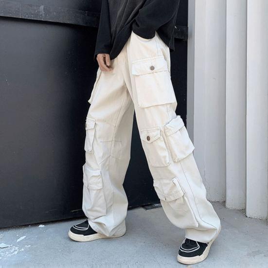 Men Cargo Pants Street Style Loose Multi Pockets American Retro Trousers Solid Color Straight Mid Waist Overalls for Daily Wear