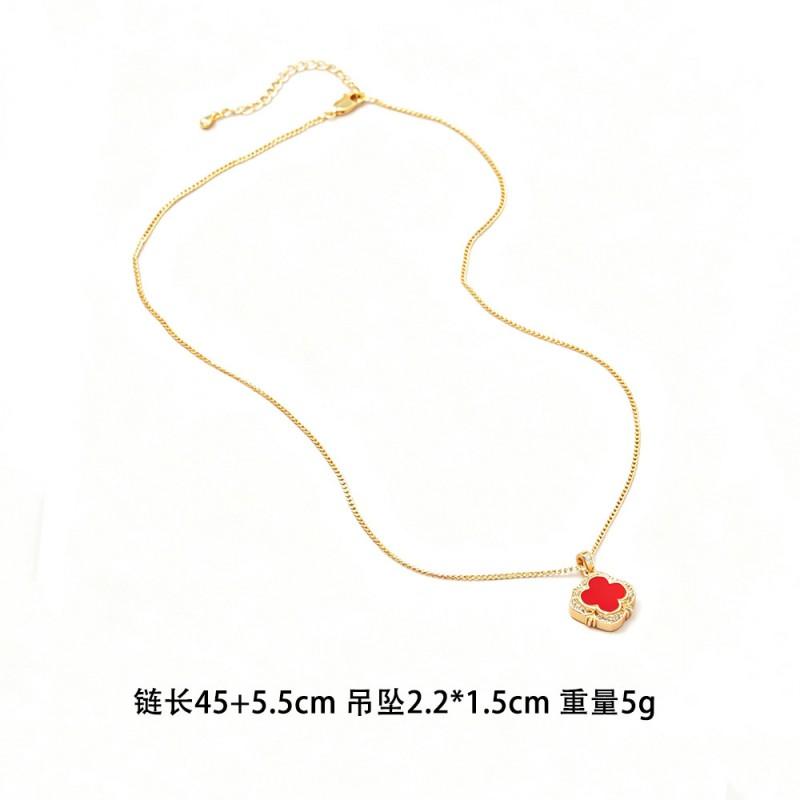 Vintage Red Four Leaf Clover Earring Necklace Set Women Gold Plated Copper With 5A Zirconia Lightweight Elegant Jewelry