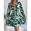 QICED Autumn and Winter Casual Flower Long-sleeved Black Ear-trimmed A-line Dress Women's Clothing