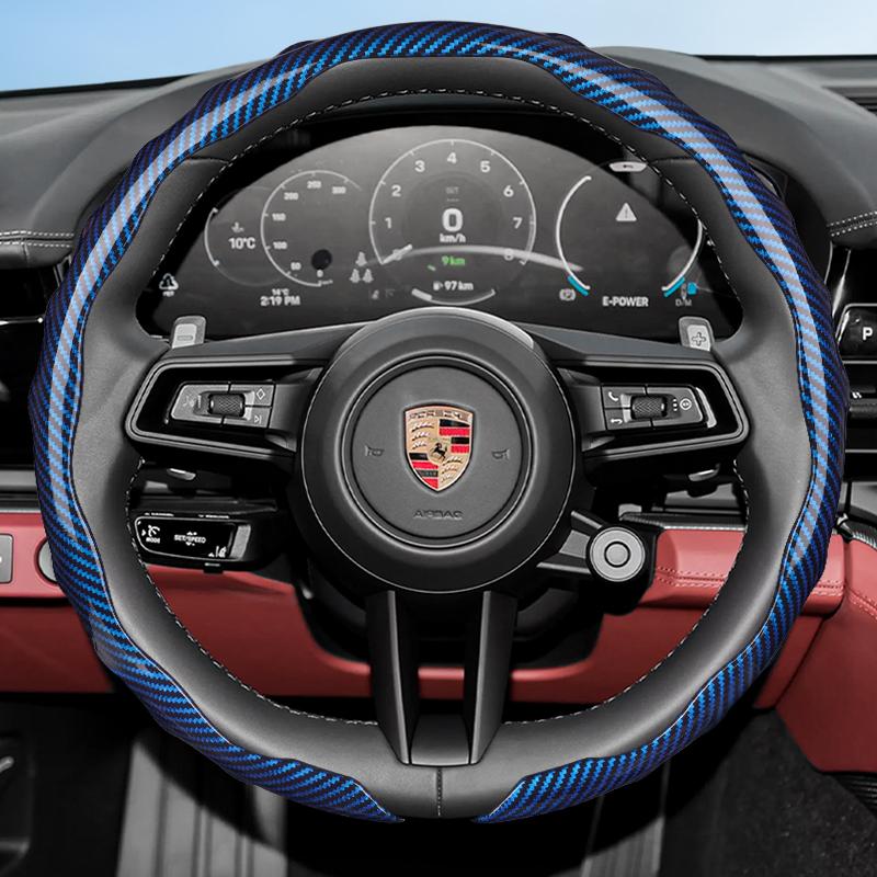 Suitable for Porsche Carbon Fiber Texture Steering Wheel Cover with Snap-On Wave-Shaped Sports Design Protective Shell for Macan Cayenne Taycan