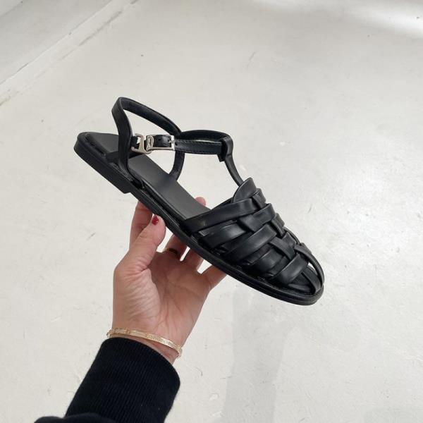 Fashion Large Size Low Sandals Woman Leather Big Low-heeled Slides Hoof Heels PU Fabric Rubber Fretwork Large Size Low Sandals Woman Lea