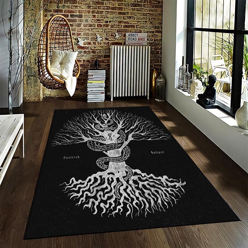 Mystical Tree with Serpent Design Printed Carpet Black and White Gothic Style Suitable for use as an anti-slip    for    room and bedroom sofas