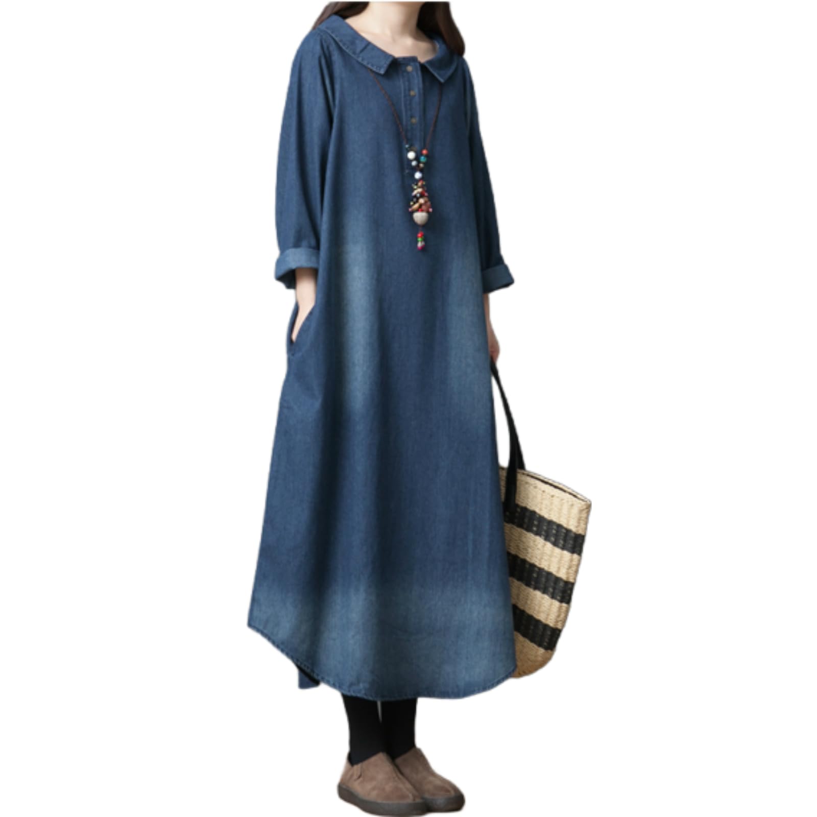 

Denim Long Loose Long Slimming All with Office Winter [JINJUDUO] Women s Dress, Sleeve, 100% Cotton, Fit, Length, Figure-Flattering, Effect, Seasons, синий