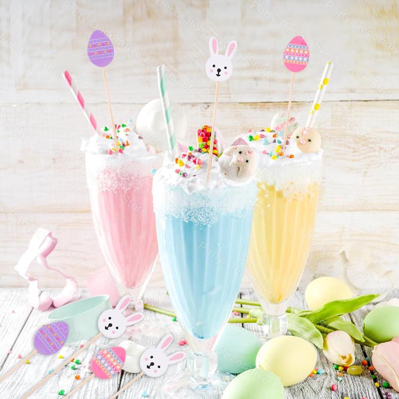 100pcs Easter Disposable Bamboo Skewers Rabbit Eggs Food Picks Fruit Fork Cupcake Buffet Stick Easter Party Decoration Birthday