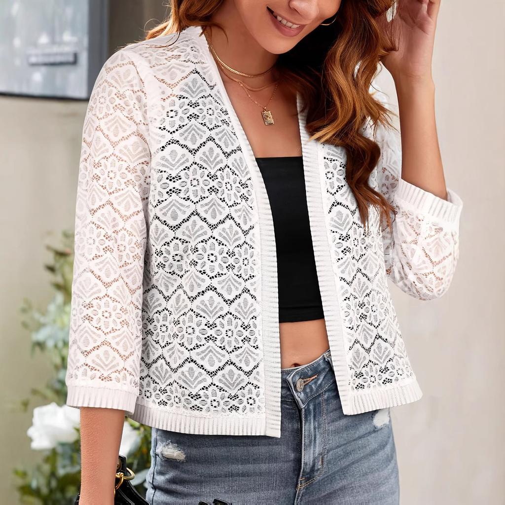 Nový elegantní krátký tříčtvrteční rukáv krajkový krajkový kabát pro dámský letní pletený kardigan