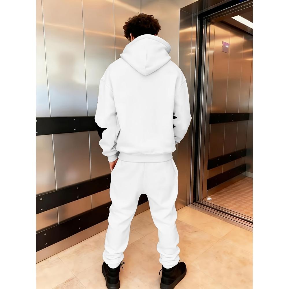 Conjunto de Moletom Casual Masculino com Estampa de Letras e Estrelas, Bolso com Cordão e Calça Esportiva Casual de Exterior com Cordão
